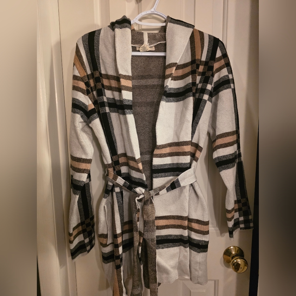 Christian Siriano Plaid Belted Cardigan - Black, Brown, Cream